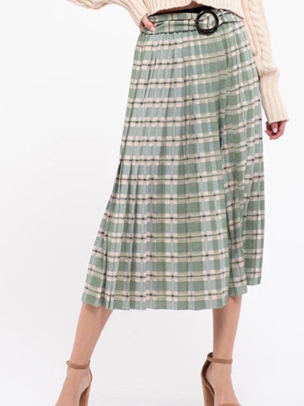 Moon River Pleated Midi Skirt In Sage And Cream Plaid
